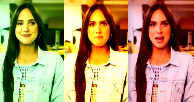 Screenshots of an AI avatar interviewing an influencer speaking gibberish.