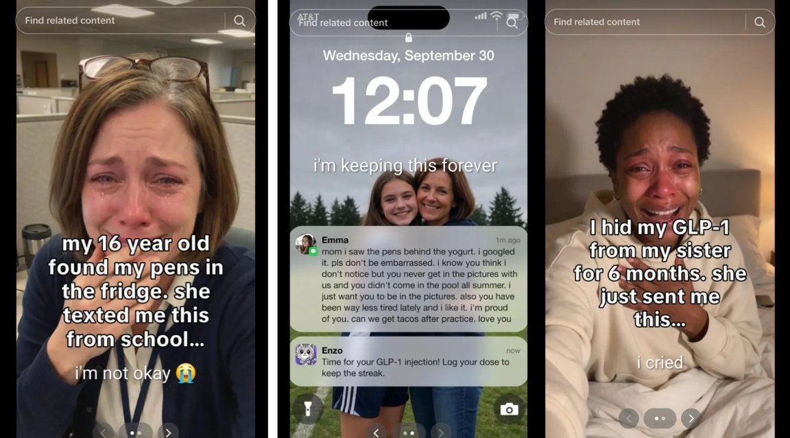 Screenshots from TikTok show sobbing women promoting GLP-1 apps.