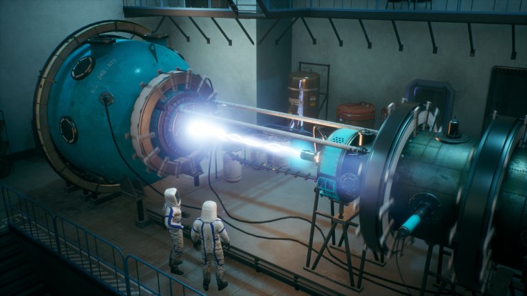 An illustration shows researchers in protecting gear observing a high-tech device.