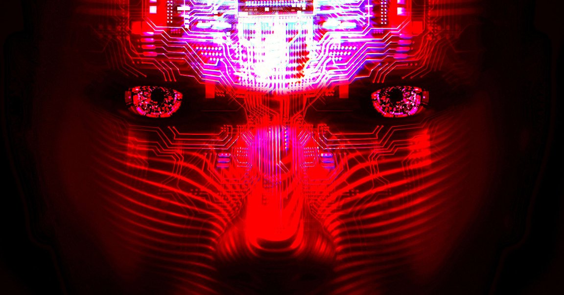 A rendered face made up of electronic circuits.
