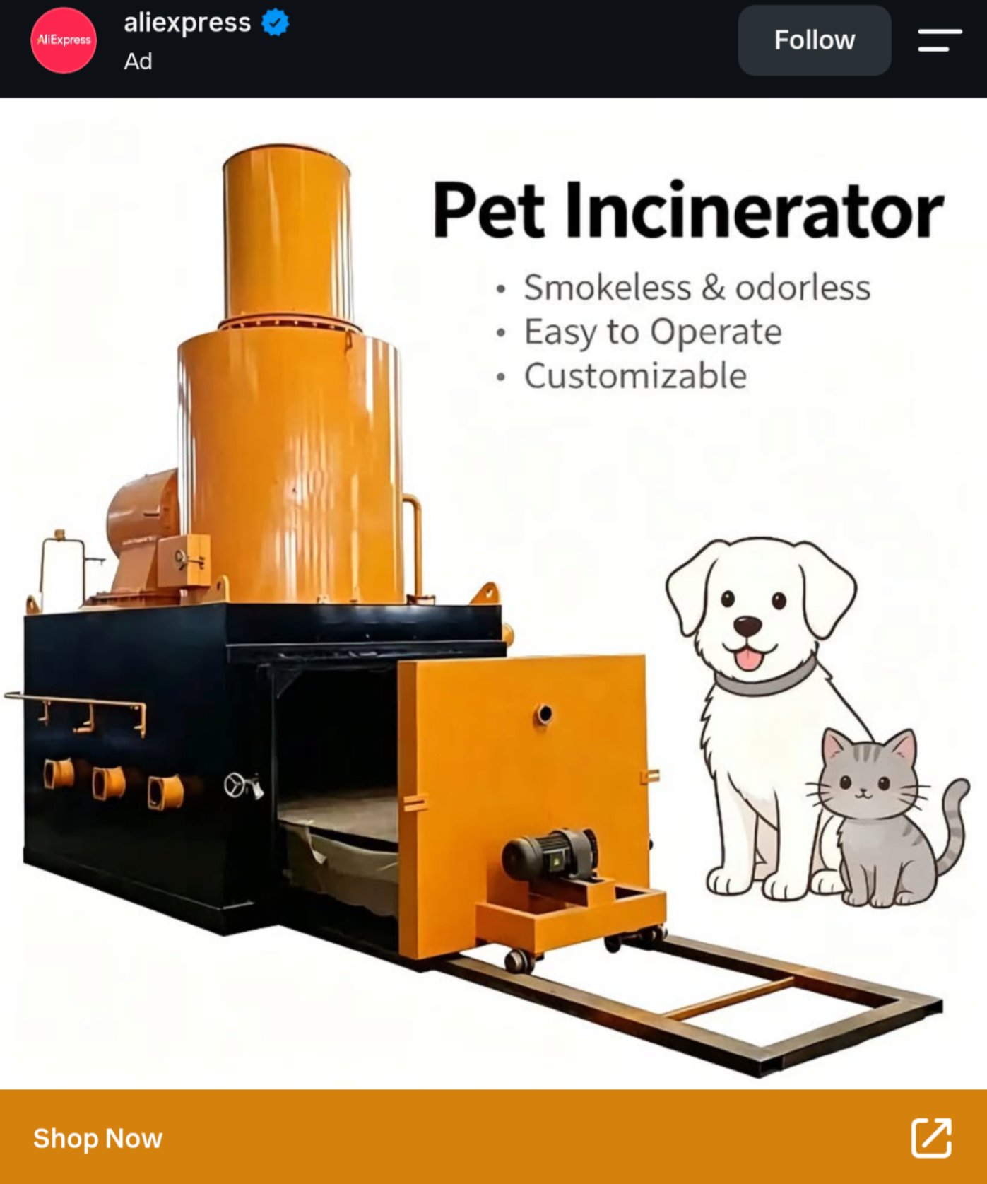 Instagram ad for a "Pet Incinerator," accompanied by an AI-generated cartoon cat and dog.