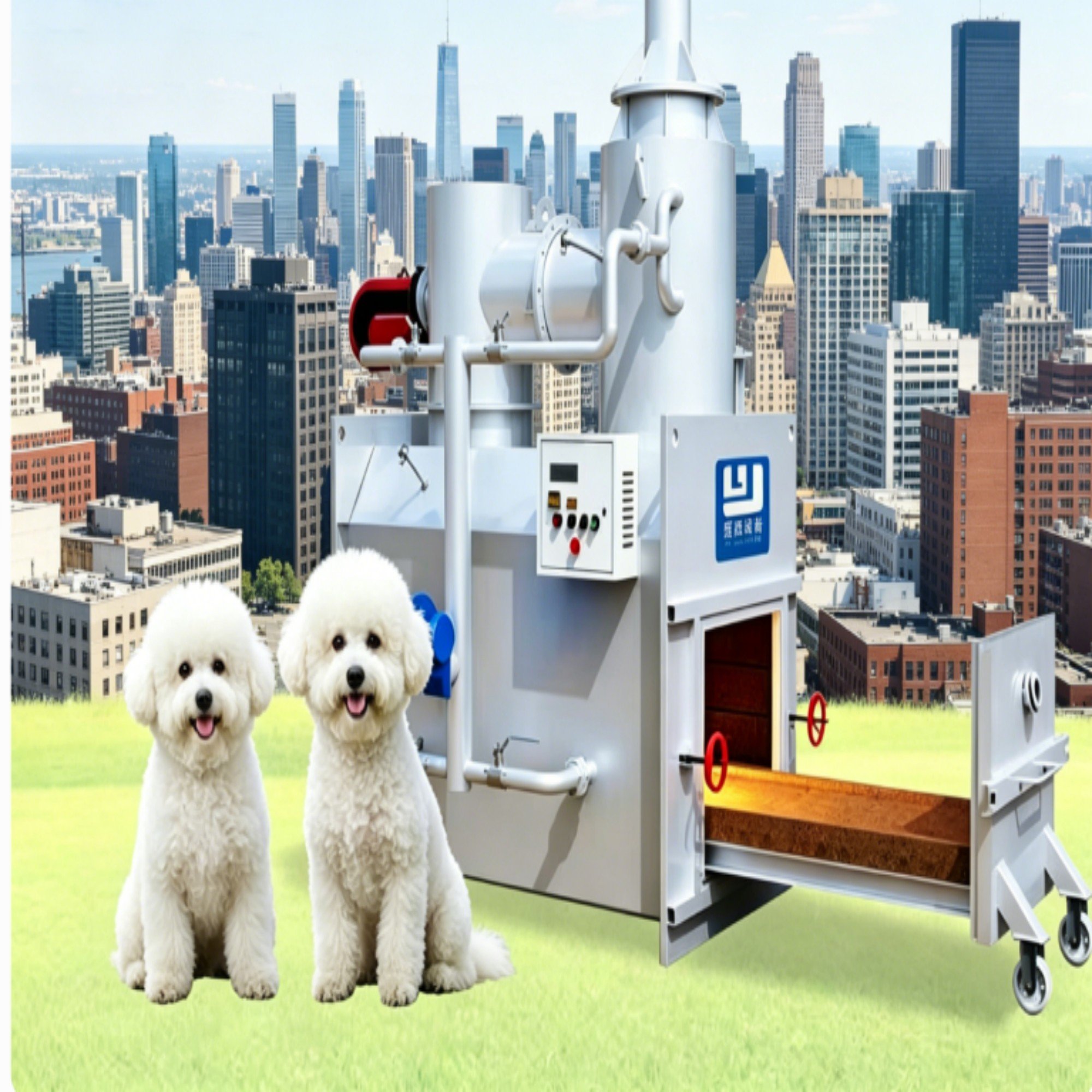 Listing on Alibaba showing two dogs posing in front of an incinerator located in front of a city.