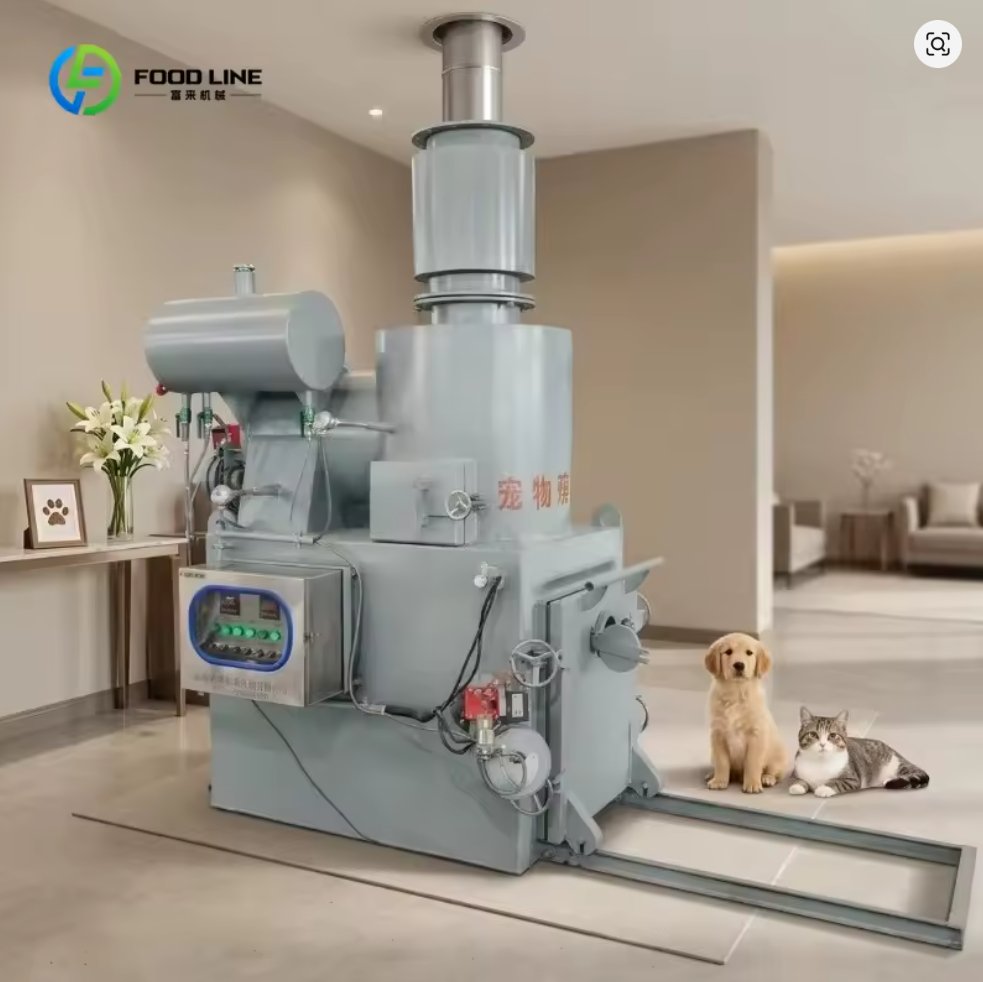 A listing on Alibaba shows a pet crematorium inside a residential living room, accompanied by a dog and cat.