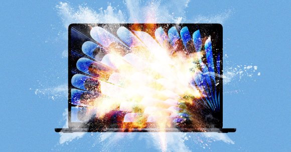 A photo illustration of an explosion over a Macbook Pro