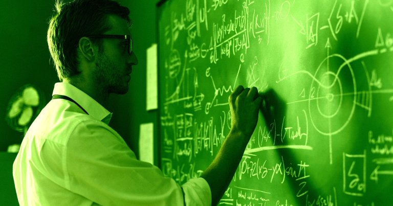 A color-treated photo of a mathematician writing on a blackboard.