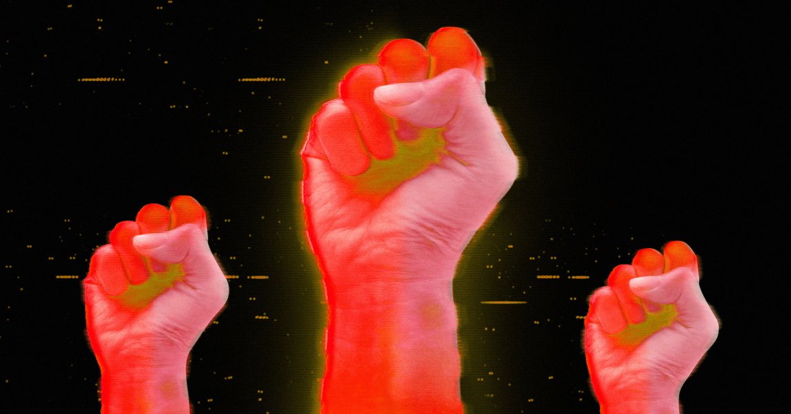 Holographic fists being raised.