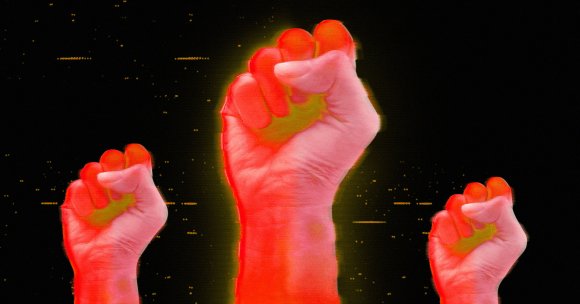 Holographic fists being raised.
