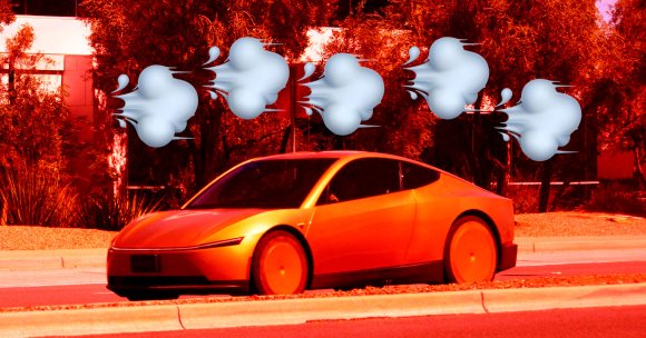 A photo of a Tesla robotaxi overlaid with wind emojis.