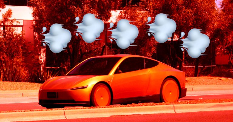 A photo of a Tesla robotaxi overlaid with wind emojis.