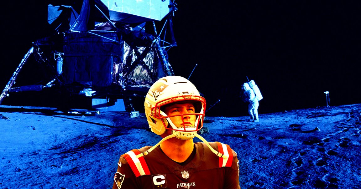 A photo illustration of Drake Maye and a NASA Apollo Moon landing.