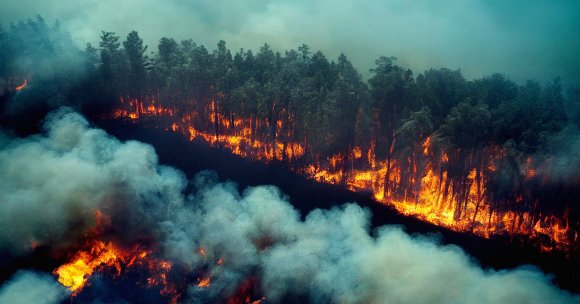 An aerial photo of a wildfire.