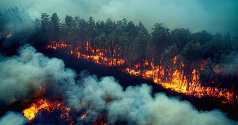 An aerial photo of a wildfire.