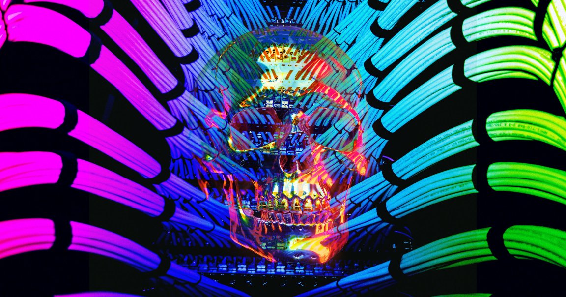 A photo illustration of a data center rack and a skull.