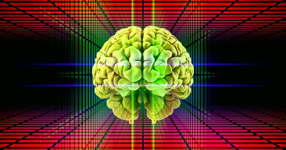 A photo illustration of a brain in front of superimposed grids.