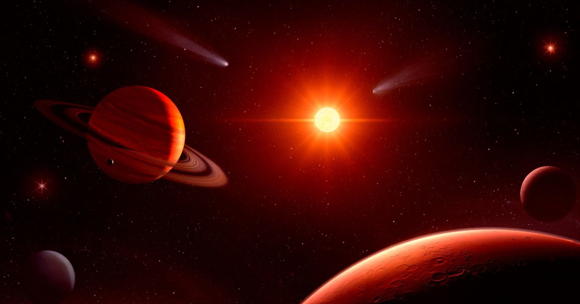A color-treated illustration of the solar system.