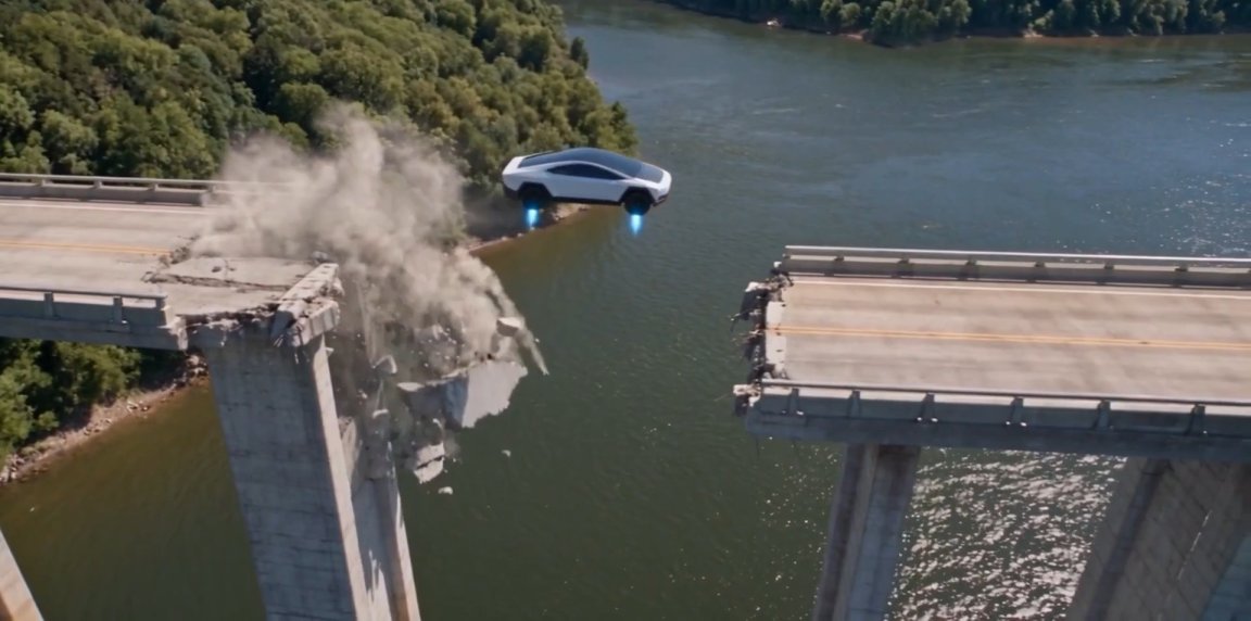 A frame from an AI-generated video shows a Tesla Roadster flying through the air to escape a bridge collapse.