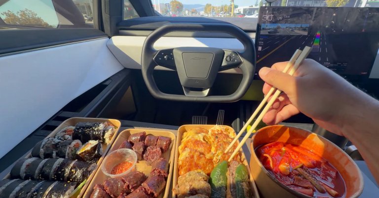A screenshot of a Tesla owner eating a meal while driving.