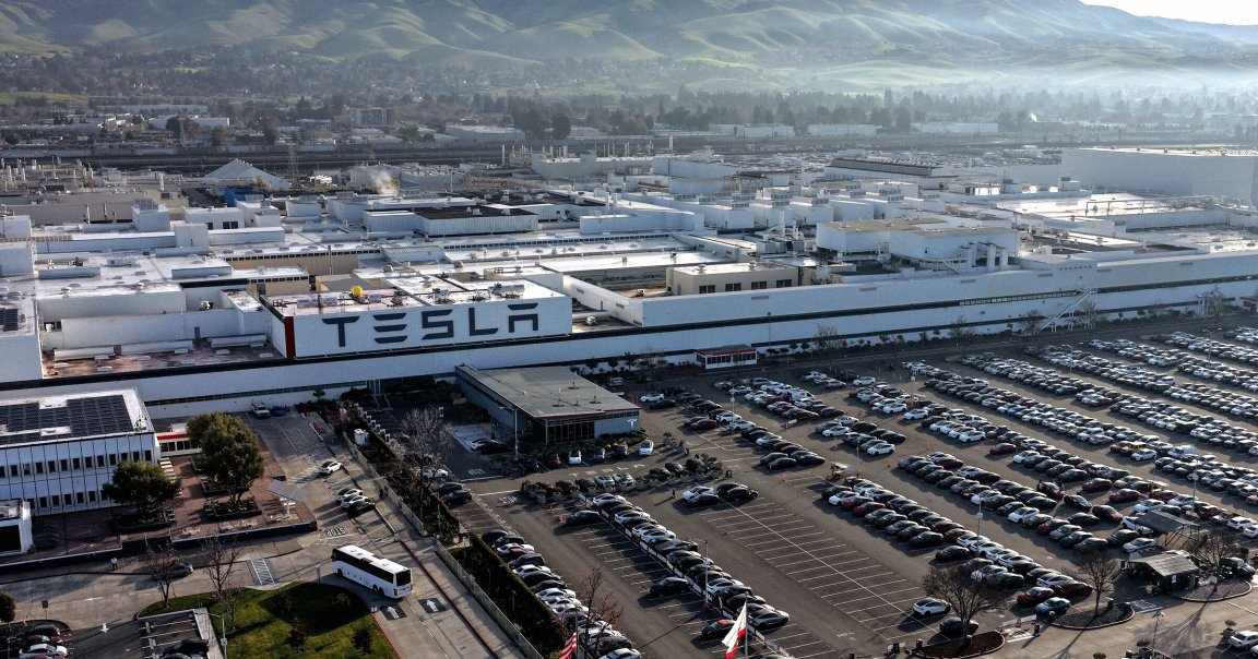 An aerial view of the Tesla Fremont Factory on January 29, 2026 in San Rafael, California.
