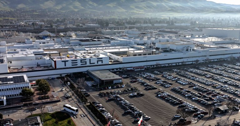 An aerial view of the Tesla Fremont Factory on January 29, 2026 in San Rafael, California.