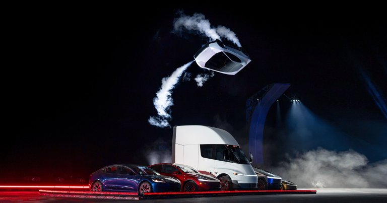 A photo of Tesla's Roadster flipping over other cars.