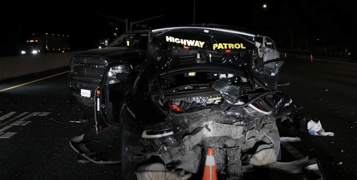 A photo from the California Highway Patrol shows the aftermath of a collision with a self-driving Tesla.