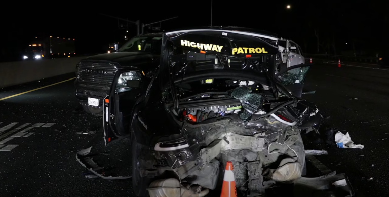 A photo from the California Highway Patrol shows the aftermath of a collision with a self-driving Tesla.