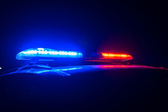 Lights on a police car are shown in darkness.