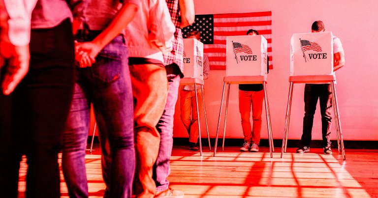 A color-treated photo of Americans voting.
