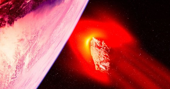 A color-treated render of an asteroid approaching the Earth.