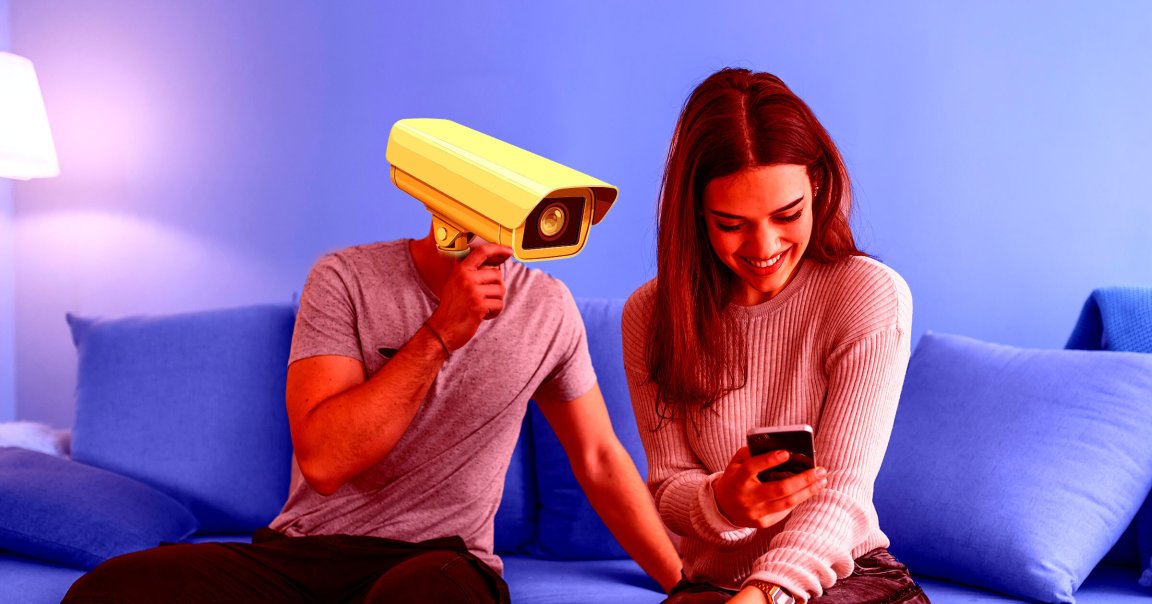 A character with a security camera for a head monitors a woman's phone from the side.
