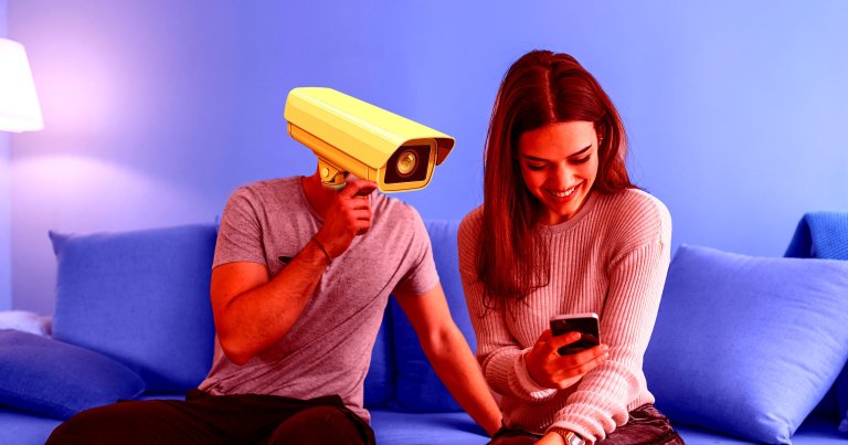 A character with a security camera for a head monitors a woman's phone from the side.